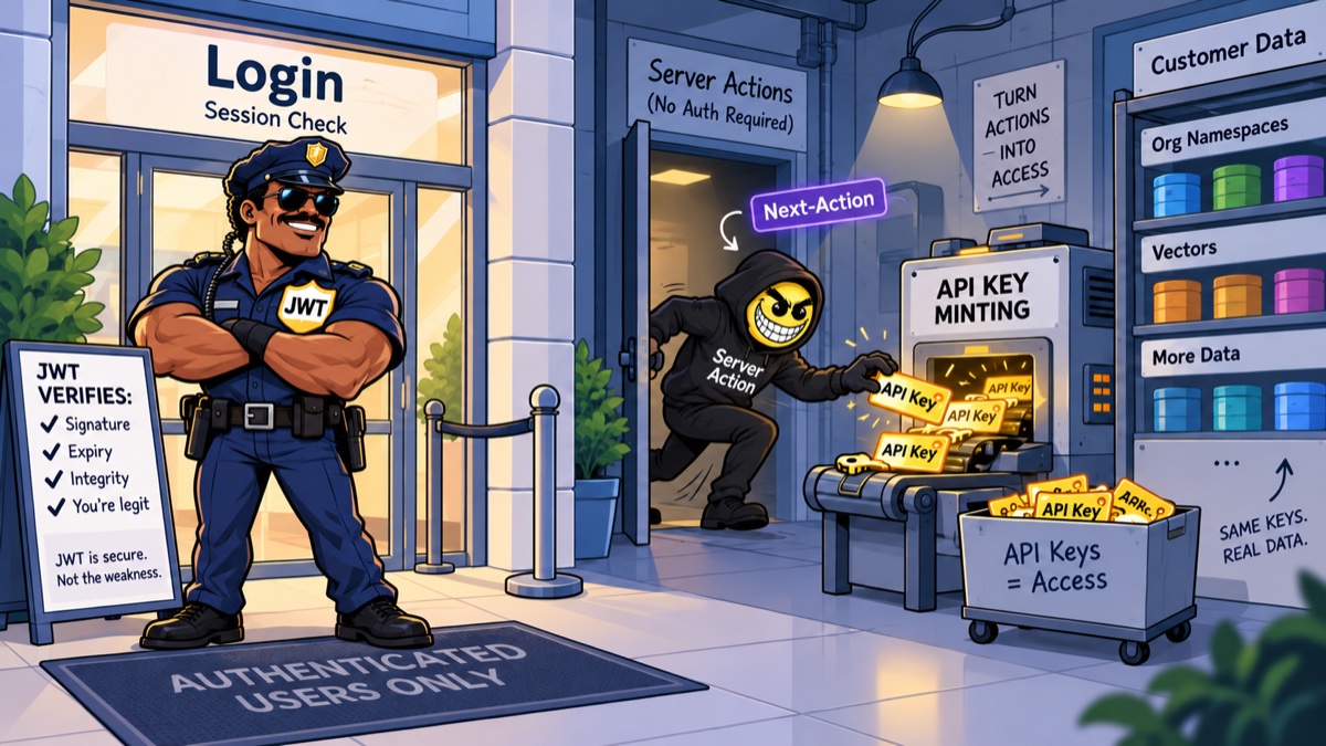 The JWT guards the front door while a Server Action side door mints API keys straight to the customer data