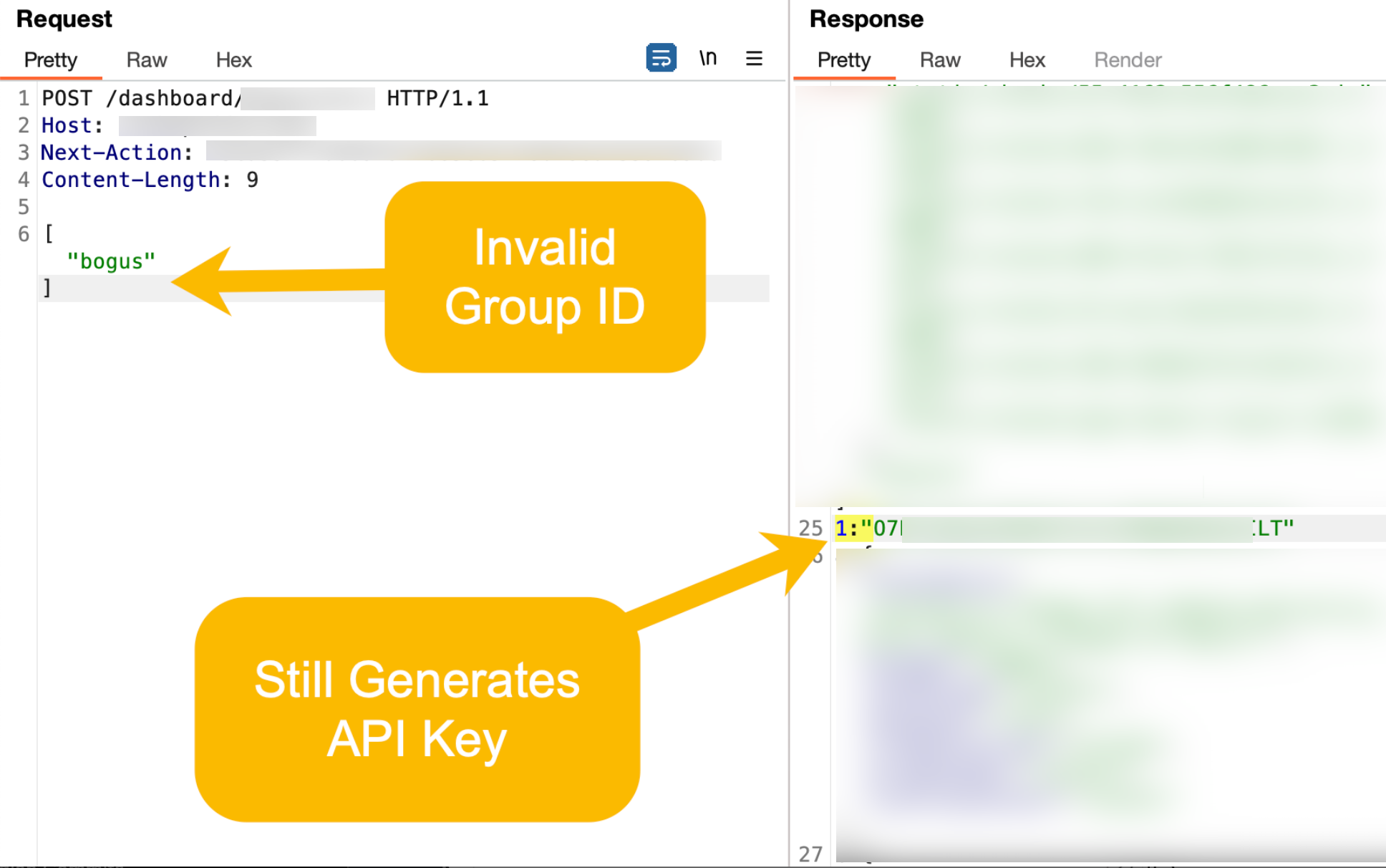 Burp showing a stripped request with an invalid group id still returning an API key
