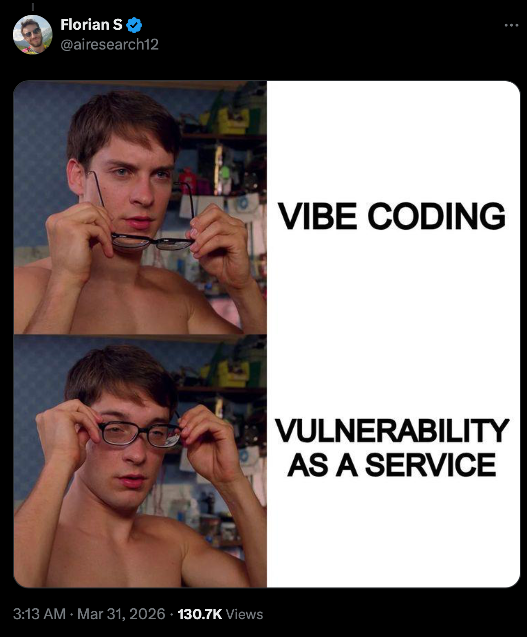 @airesearch12 tweet — Vibe Coding vs Vulnerability As A Service meme